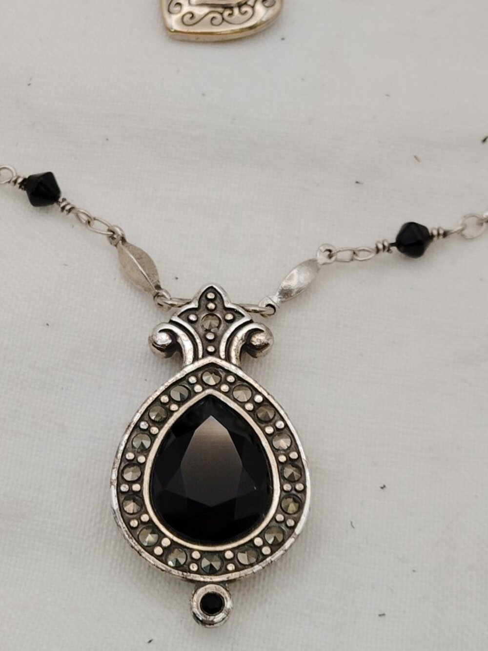 Vintage Brighton Reversible Jet Black Pendant Necklace w/ Marcasite Accents